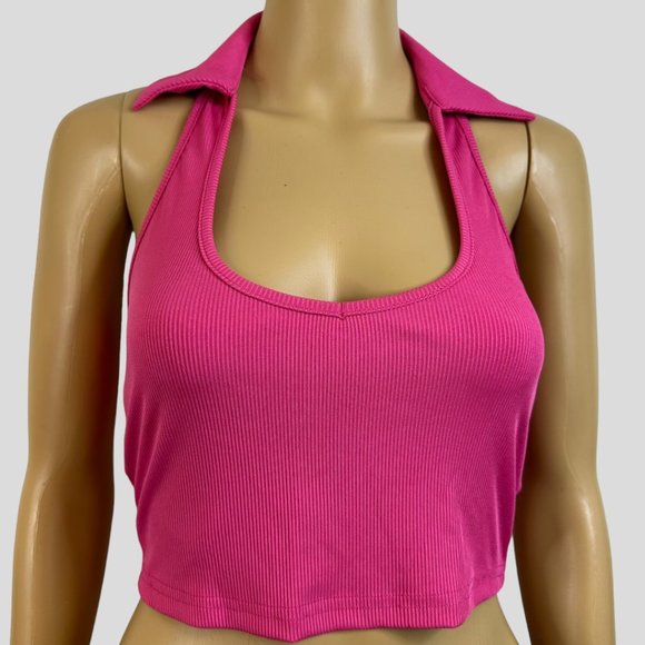 Women Ribbed Crop Top Size XS Pink-Magenta Halter Neck Backless Sleeveless - Picture 8 of 12